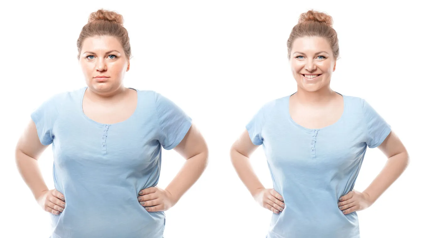 Young,Woman,Before,And,After,Weight,Loss,On,White,Background.
