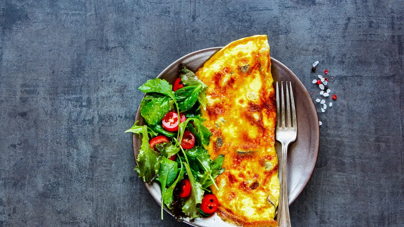 Homemade,Mushroom,Omelette,With,Salad,On,Plate,Over,Dark,Concrete