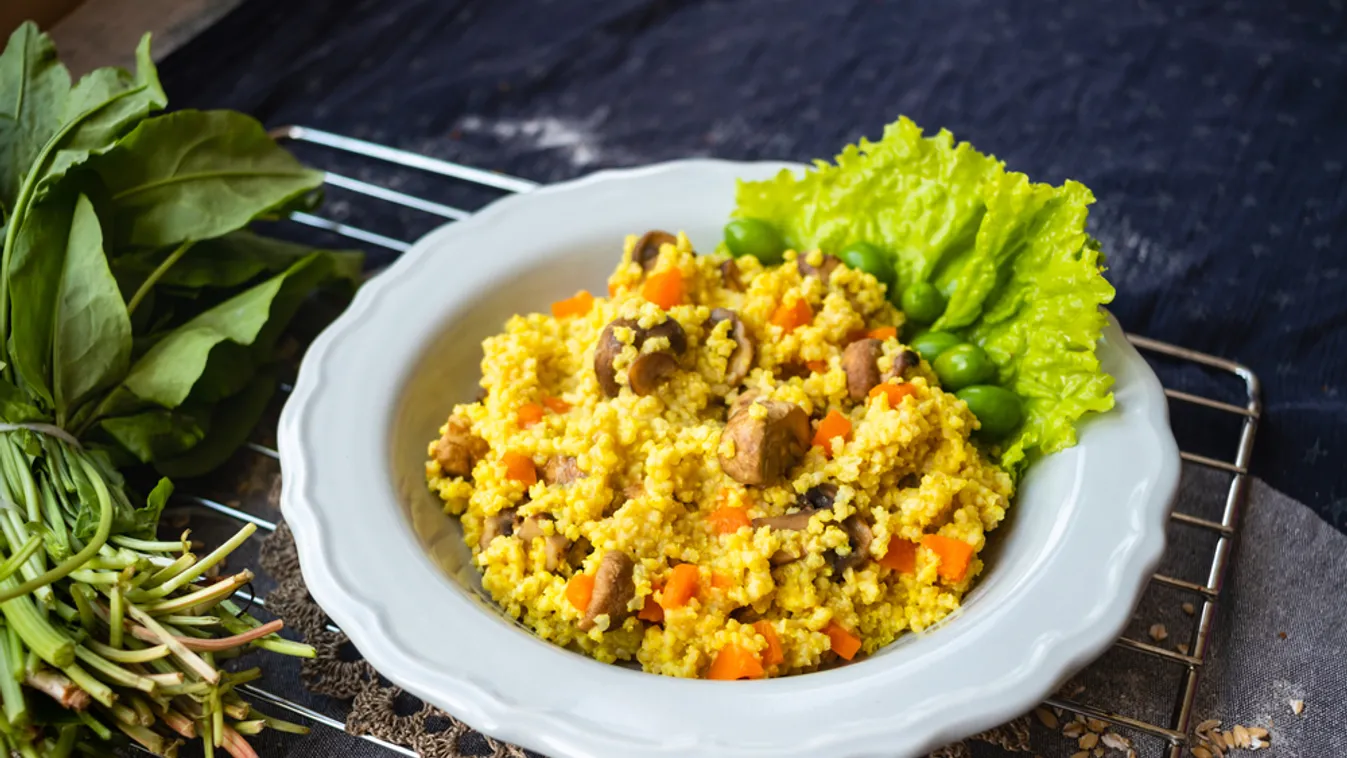 Yellow,Millet,Grain,Porridge,With,Vegetables,,Herbs,,Spices,And,Mushrooms.