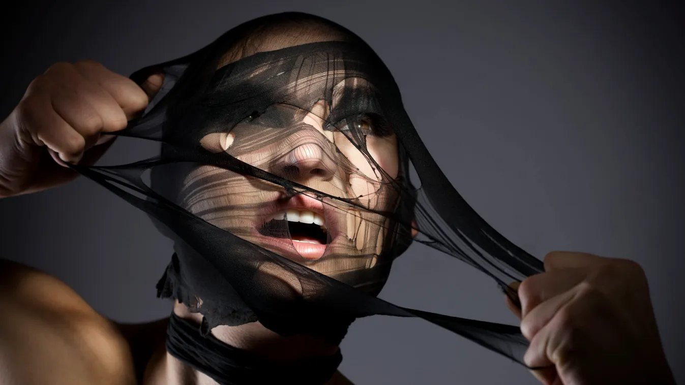 Beautiful Young Woman Tearing Off Mask, Copy Space