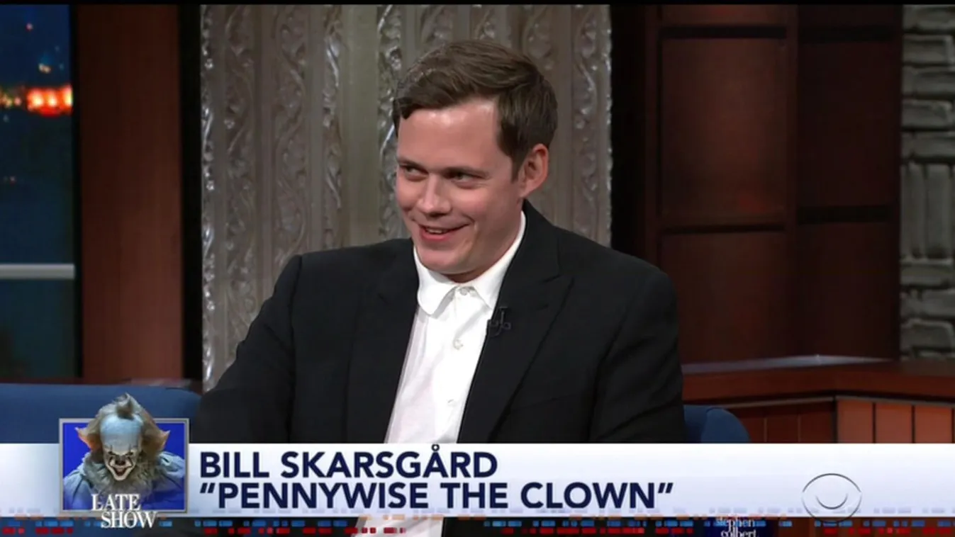 Bill Skarsgard teaches Stephen Colbert how to make Pennywise's terrifying smile as he appears on The Late Show