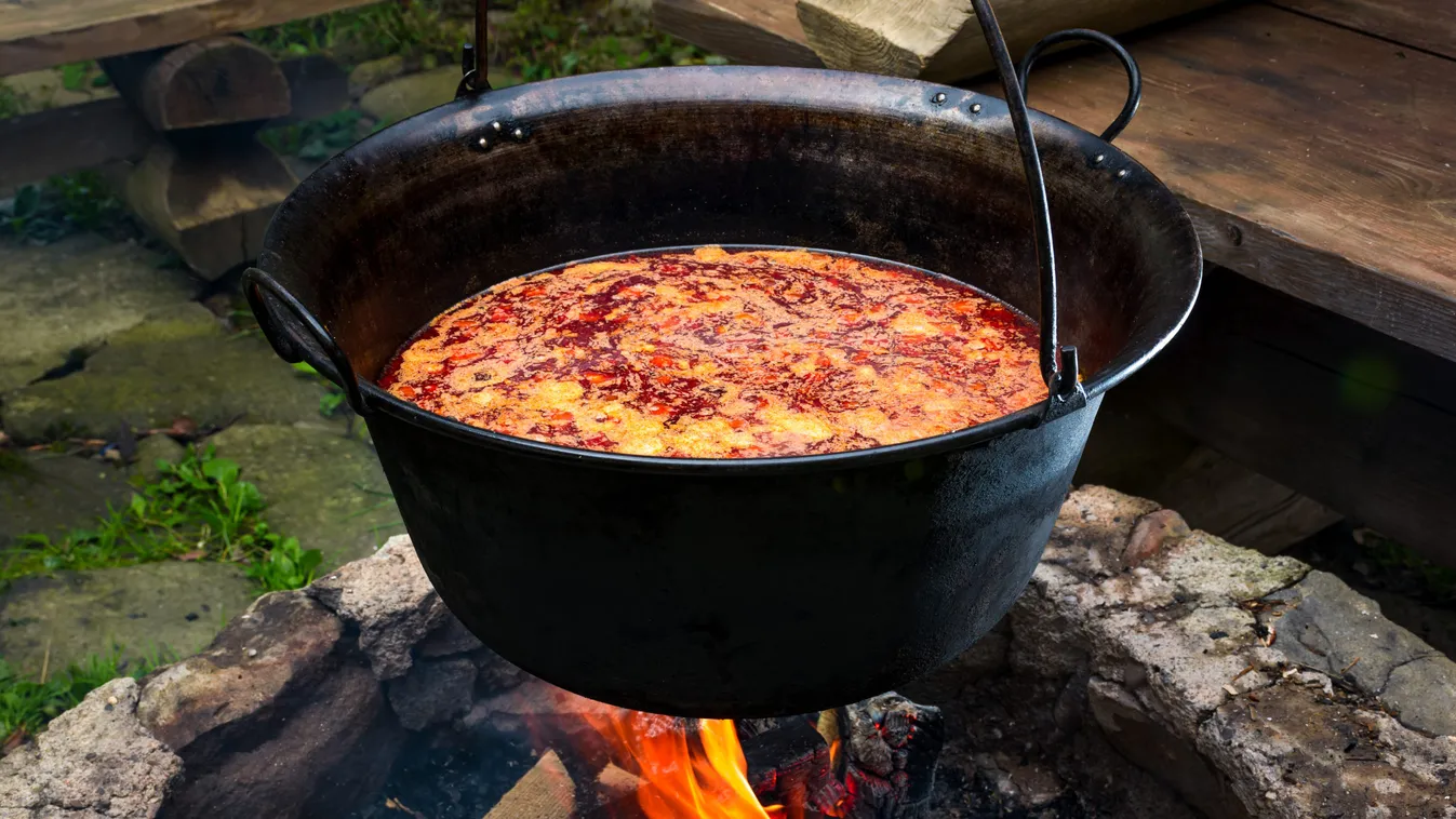 traditional Hungarian Goulash soup in cauldron
