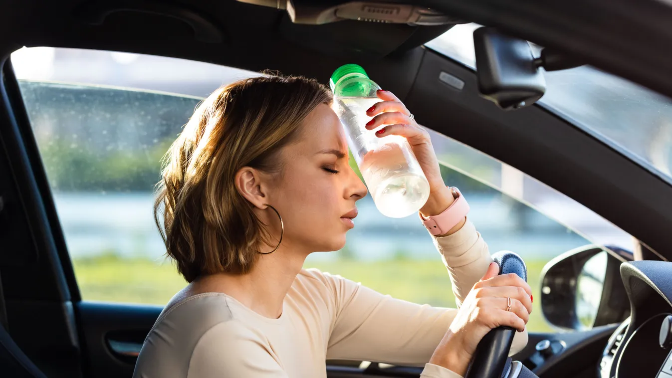 Exhausted,Woman,Driver,Feeling,Headache,,Sitting,Inside,Her,Car,,Applies