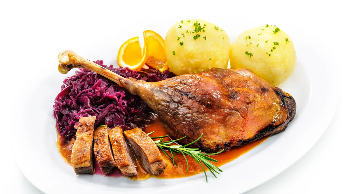 Crusty,Goose,Leg,With,Braised,Red,Cabbage,And,Dumplings,Isolated