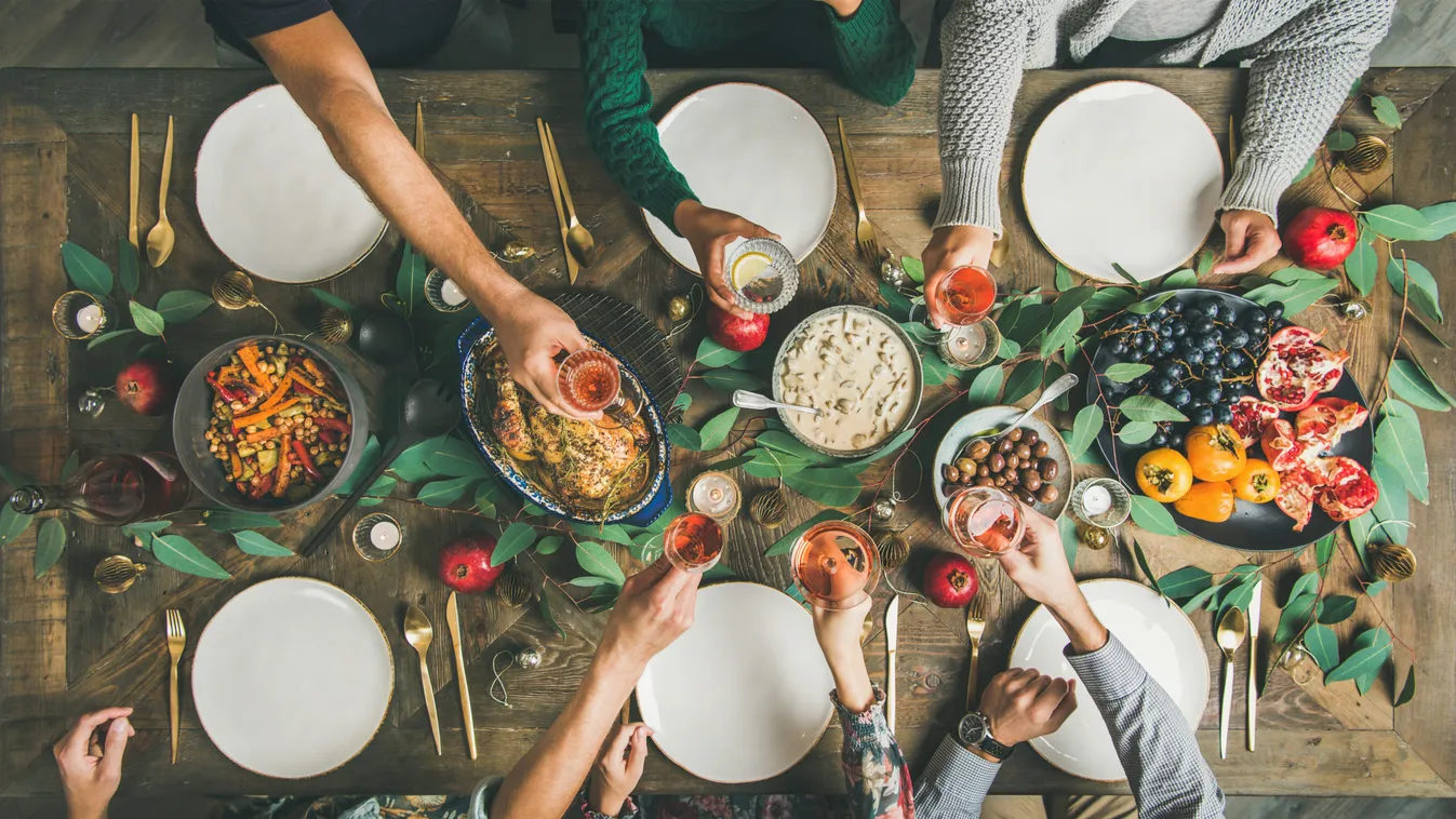 Traditional,Christmas,,New,Year,Holiday,Celebration,Party.,Flat-lay,Of,Friends