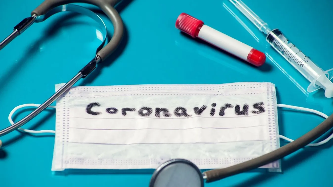 Mask with word-coronavirus, medicine items on blue background. Medine and healthcare concept