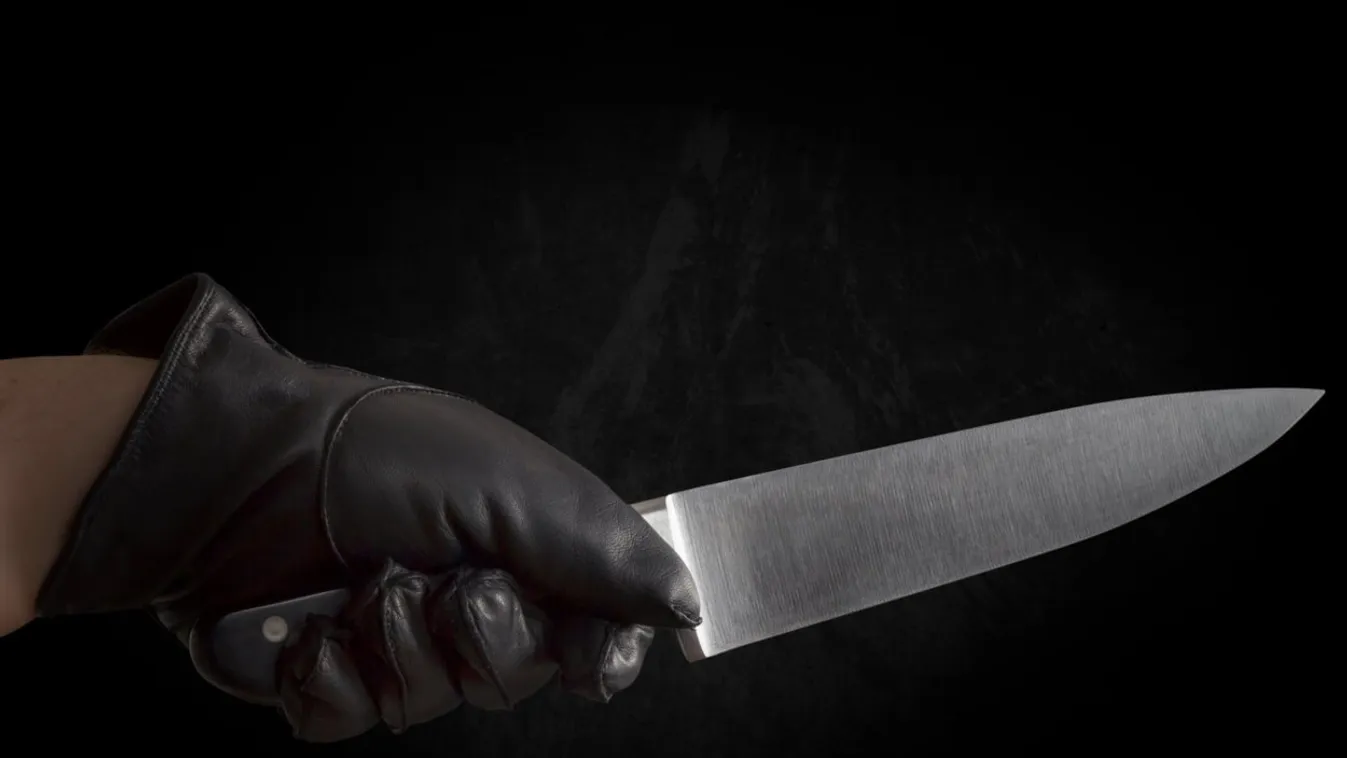 An Arm with black leather gloves holding a large knife