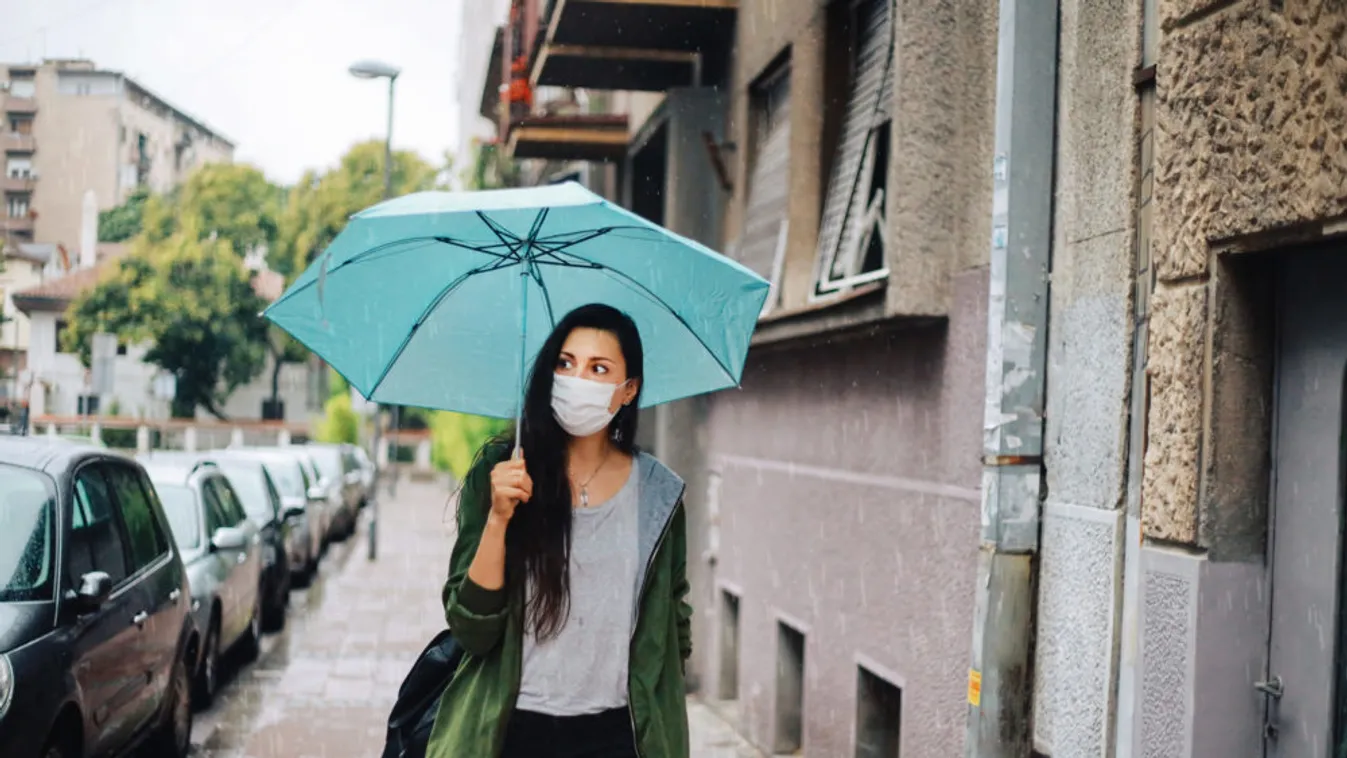 Woman walking in the rain during the pandemic
