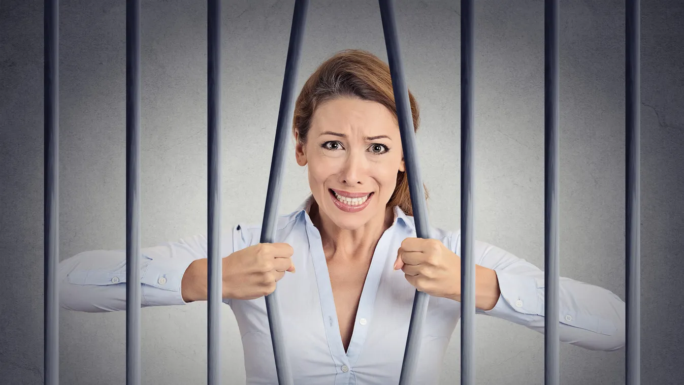 Stressed,Desperate,Angry,Businesswoman,Bending,Bars,Of,Her,Prison,Cell