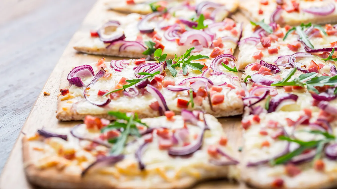 Traditional,French,Dish,Tarte,Flambee,Cream,Cheese,,Bacon,And,Onions.