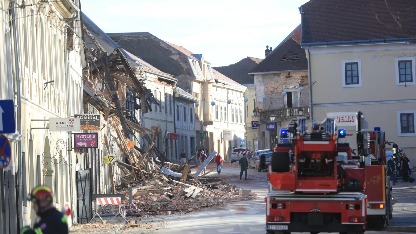 Firefighters arrive after an earthquake in Petrinja