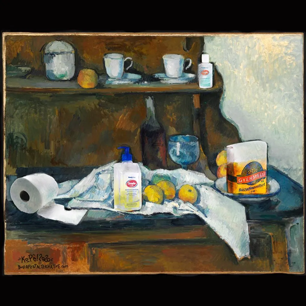 Paul Cezanne Tálalóján helyett kaptak a járvány miatti pánikvásárlás legnagyobb kincsei, a kézfertőtlenítők, a vécépapír és a liszt (Fotó: KoPé / BudapestAlternative)