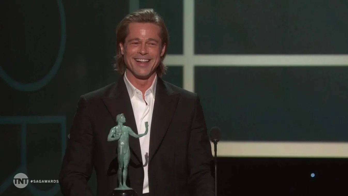Brad Pitt's ex-wife Jennifer Aniston laughs and claps at his hilarious SAG acceptance speech as he pokes fun at Tinder and 'not getting on with his wife'