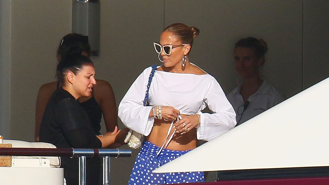 Jennifer Lopez and Alex Rodriguez arriving at Nikki Beach in the south of France for Magic Johnson 60th birthday