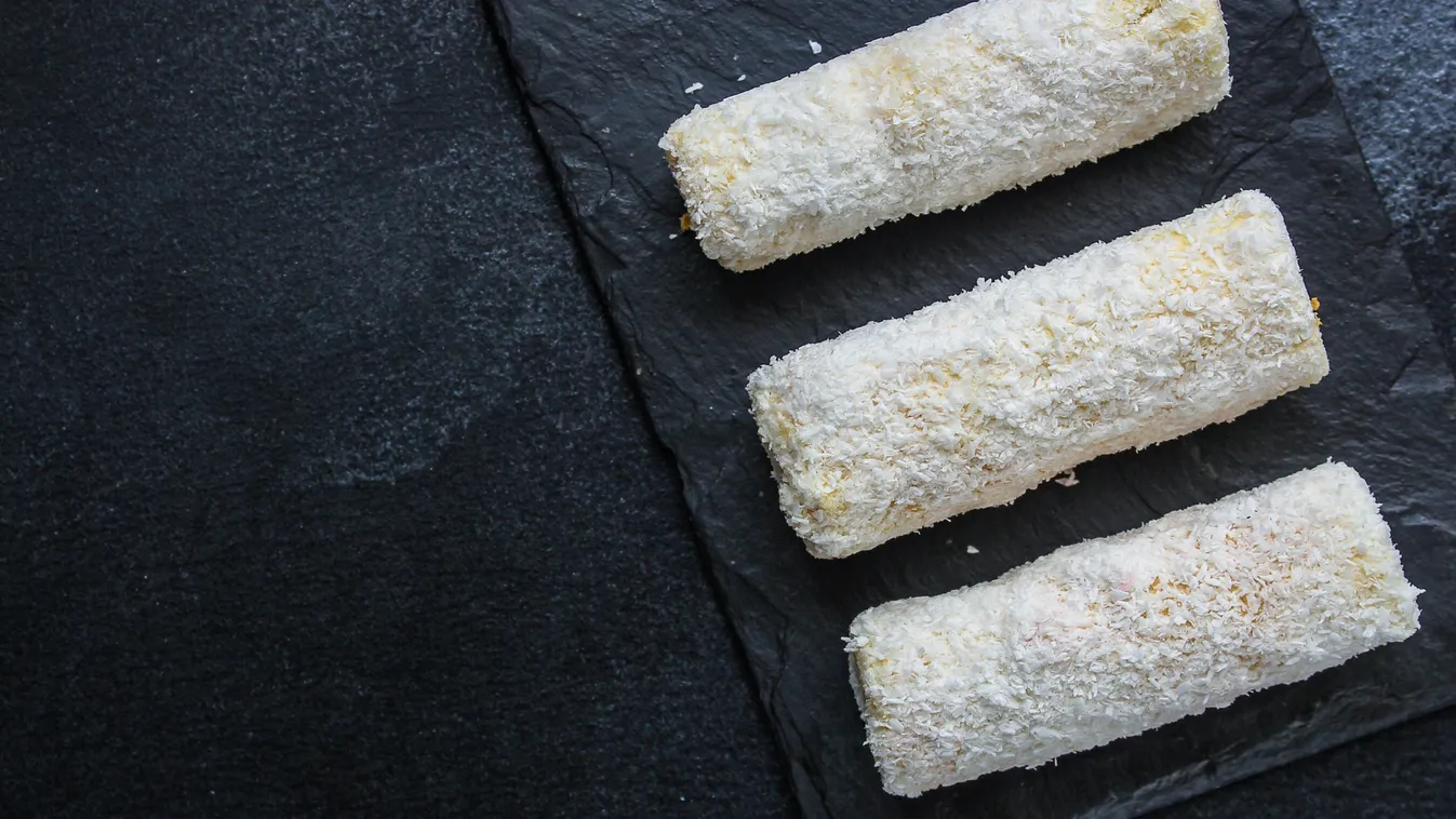 Coconut,Sponge,Cake,Roll,Biscuit,(delicious,Sweet,Dessert),Menu,Concept.