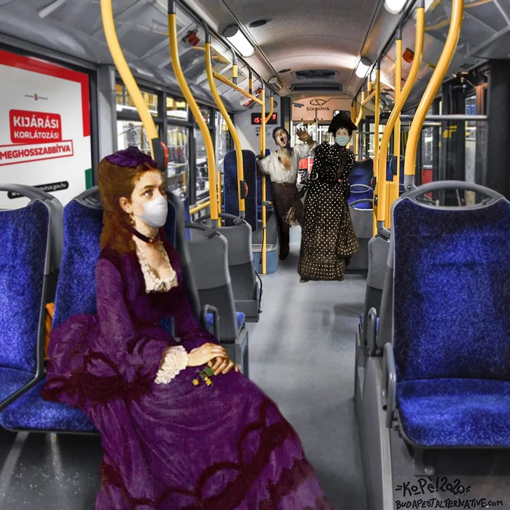Szinyei Merse Pál Lilaruhás nője, Rippl-Rónai József Fehér pettyes ruhás nője és Munkácsy Mihály Ásító inasa utaznak a buszon, de nem mindenki tartja be a maszkviselési szabályt, és a kötelező távolságtartást (Fotó: KoPé / BudapestAlternative)