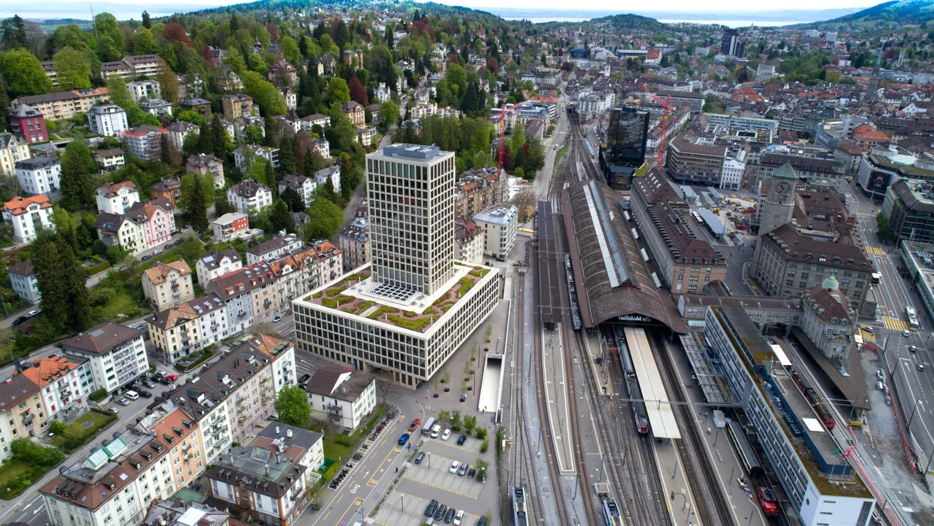 Aerial view of the train station + University of Applied Sciences in St. Gallen