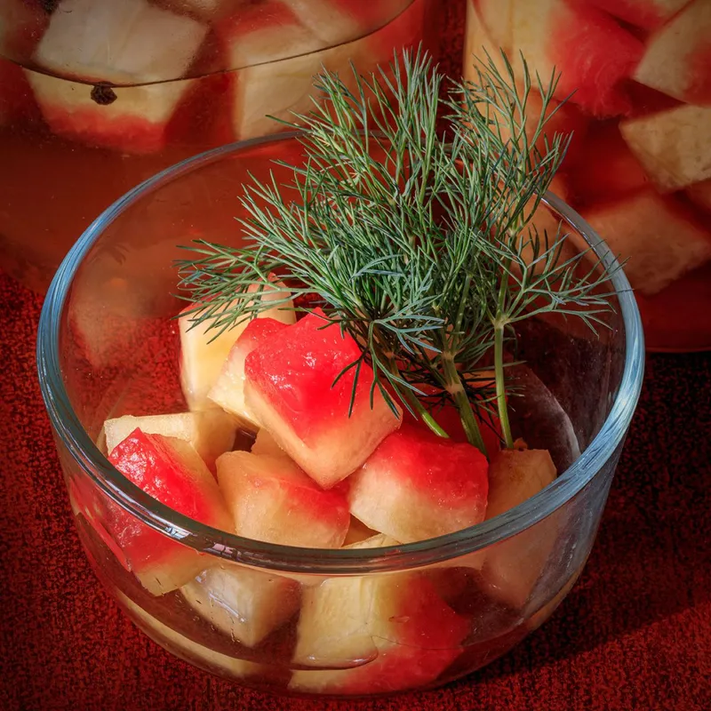 Watermelon,Rind,Pickled,In,Tart,Vinegar,With,Peppercorns,And,Dill.