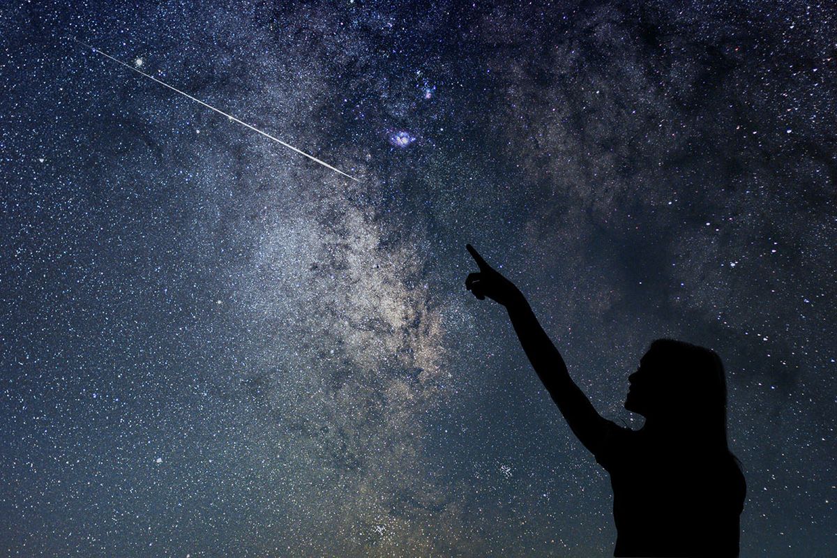 Girl,Looking,At,The,Stars.,Girl,Pointing,A,Shooting,Star.