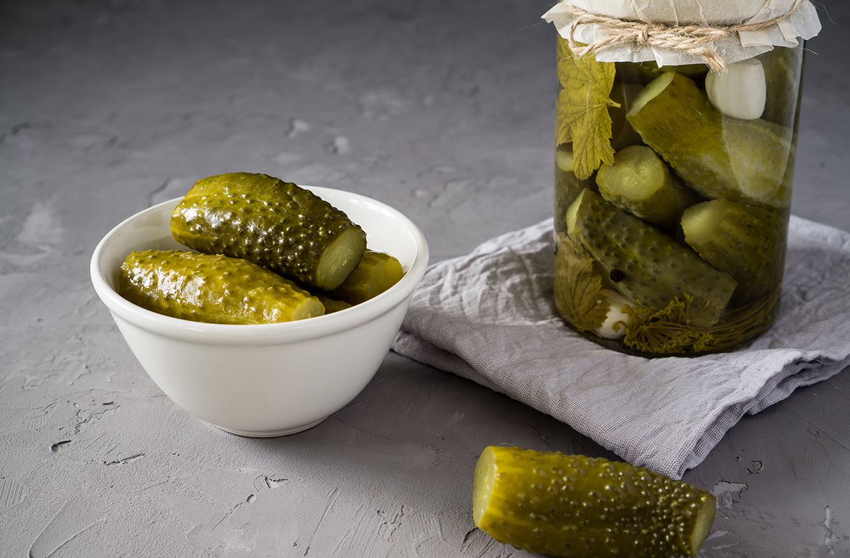 Pickles,-,Canned,Fermented,Pickled,Cucumbers,On,Gray,Background,With