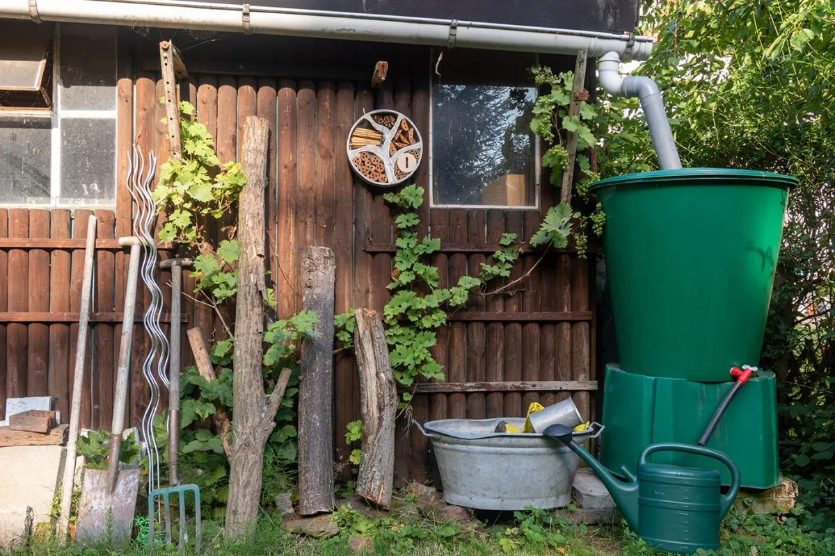 Garden,Shed,With,Rain,Water,Recycling,System,And,Old,Fashioned