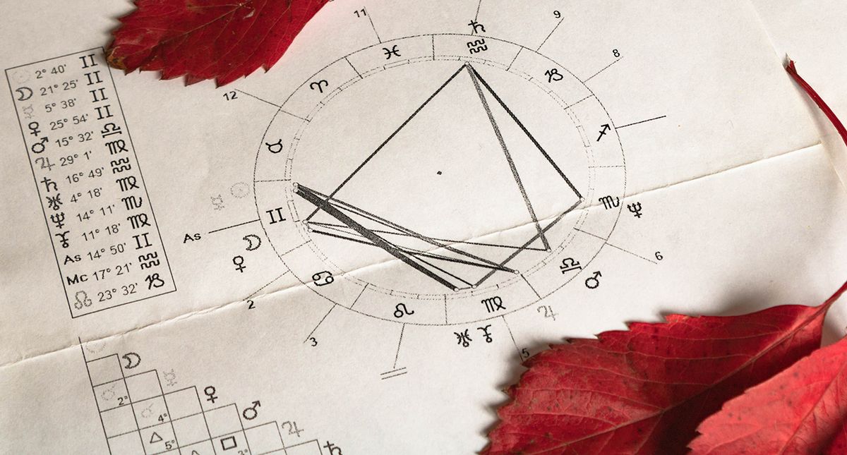 Printed,Natal,Chart,With,Red,Leaves,In,The,Foreground,,Autumn