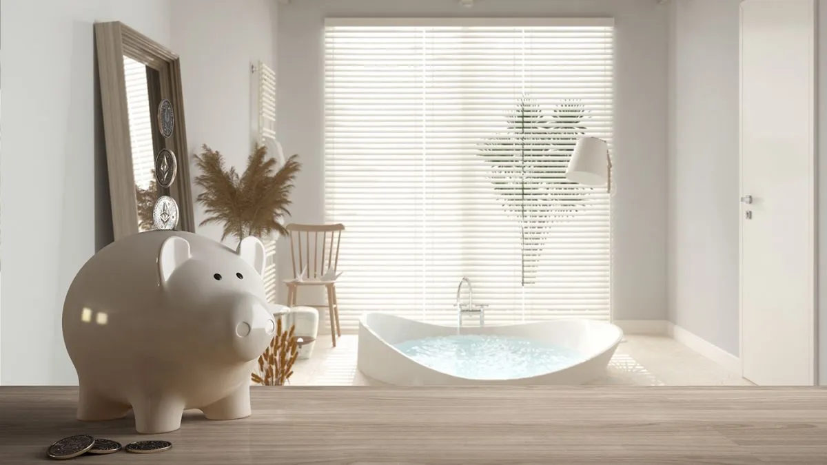 Wooden,Table,Top,Or,Shelf,With,White,Piggy,Bank,With