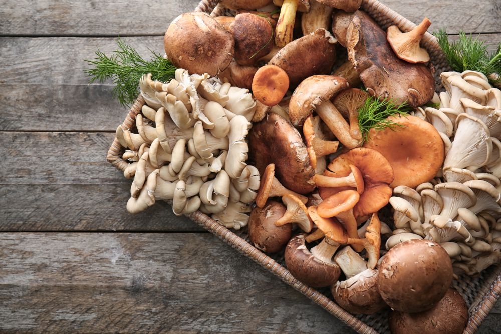 Wicker,Tray,With,Variety,Of,Raw,Mushrooms,On,Wooden,Table