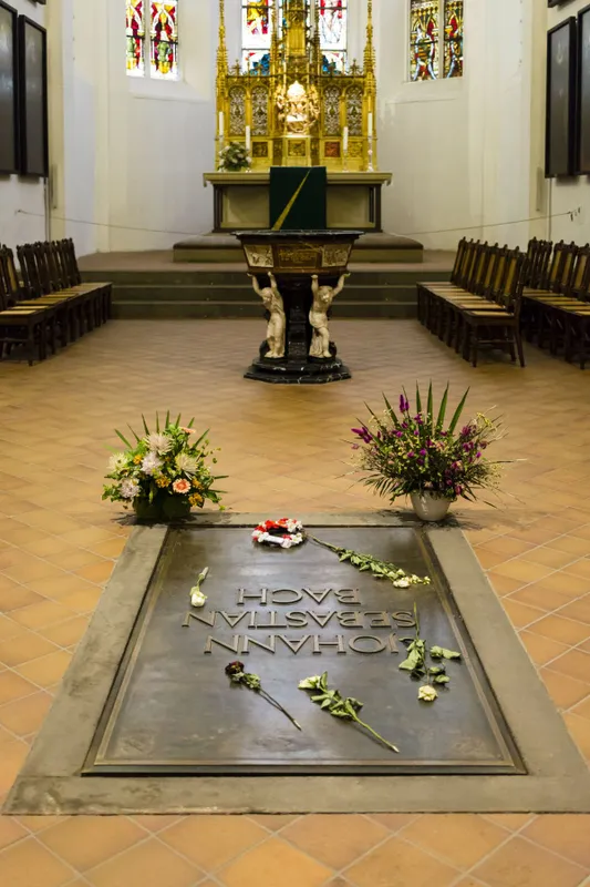 Tombstone of German Composer Johann Sebastian Bach at St. Thomas Church (Thomaskirche), Leipzig, Saxony, Germany.