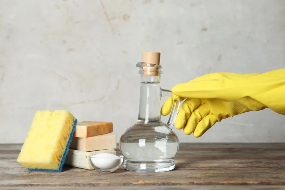 Woman,With,Jug,Of,Vinegar,And,Cleaning,Supplies,At,Table
