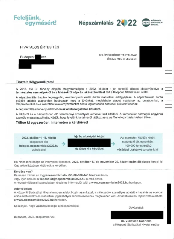 Népszámlálás 2022, KSH, dokumentum, hivatalos értesítés,