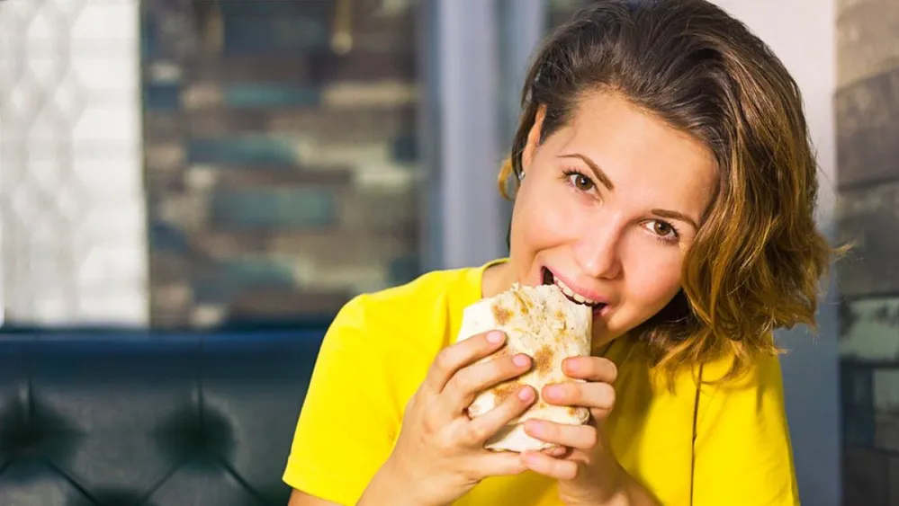 Happy,Hungry,Positive,Girl,,Young,Beautiful,Pretty,Woman,Sitting,In