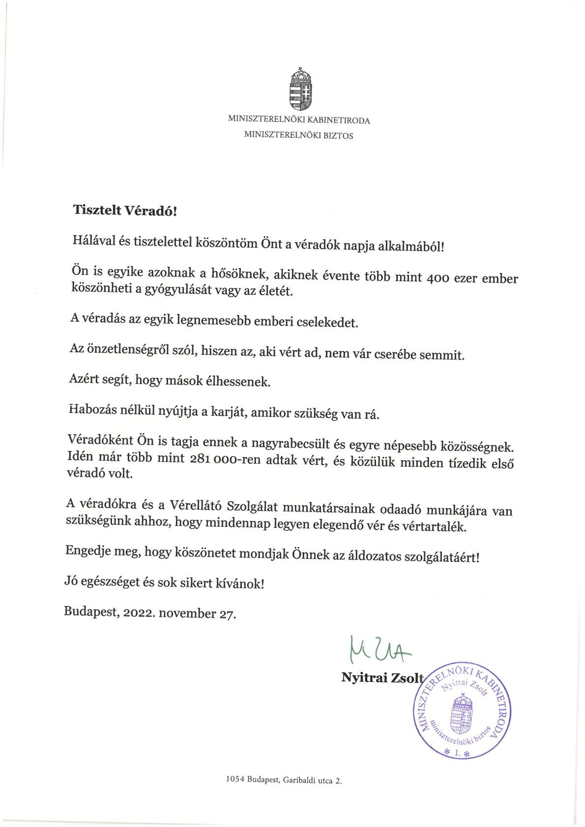 Nyitrai Zsolt, a miniszterelnök főtanácsadója levélben köszönte meg a véradók áldozatkészségét