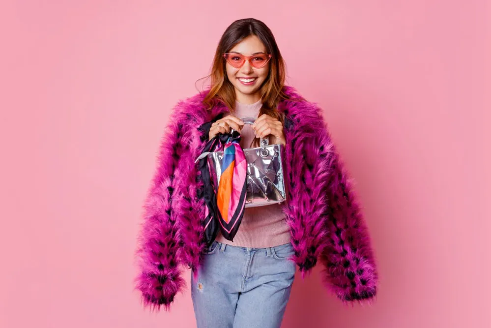 Wonderful,Girl,In,Fancy,Pink,Faux,Fur,Short,Coat,Holding