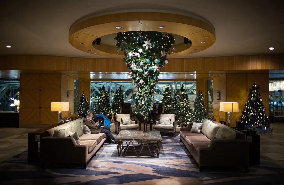 An Upside Down Christmas Tree At The Fairmont Vancouver Airport Hotel - Canada