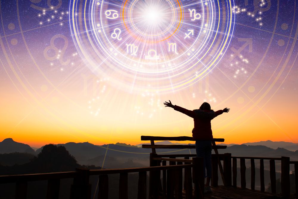 Woman,Raising,Hands,Looking,At,The,Sky.,Astrological,Wheel,Projection,