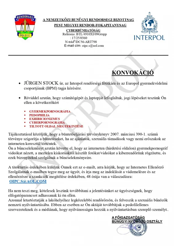 rendőrség, interpol, kamu, átverés, csaló, e-mail, mail, üzenet, hacker, levél, 