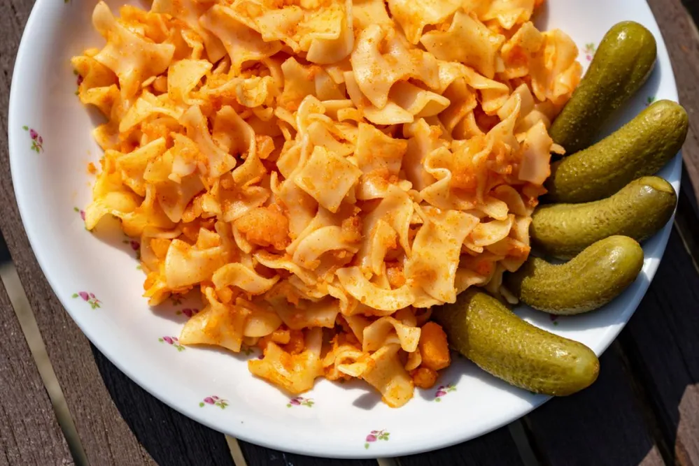 Traditional,Hungarian,Potato,Pasta,In,Hungarian,Krumplis,Tãszta,With,Pickles