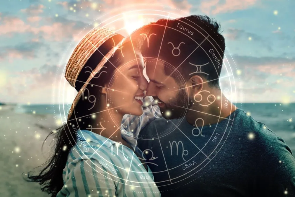 Horoscope,Compatibility.,Loving,Couple,On,Beach,And,Zodiac,Wheel