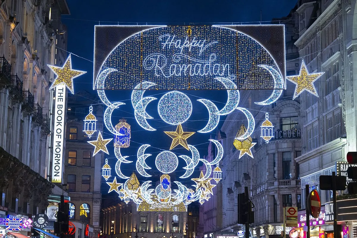 Coventry Street is decorated with Ramadan ornaments in London