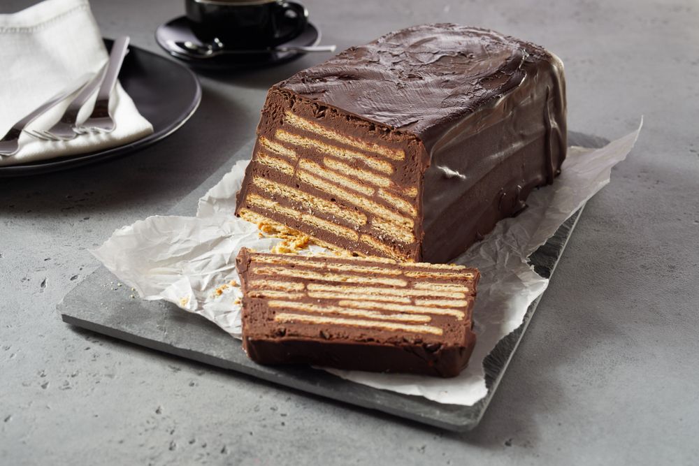 Bar-shaped,Chocolate,Cake,With,Biscuits,Layered,Inside,And,Chocolate,Icing.