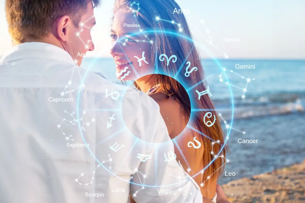 Concept,Of,Love,With,Happy,Couple,Between,Zodiac,Signs.,Horoscope