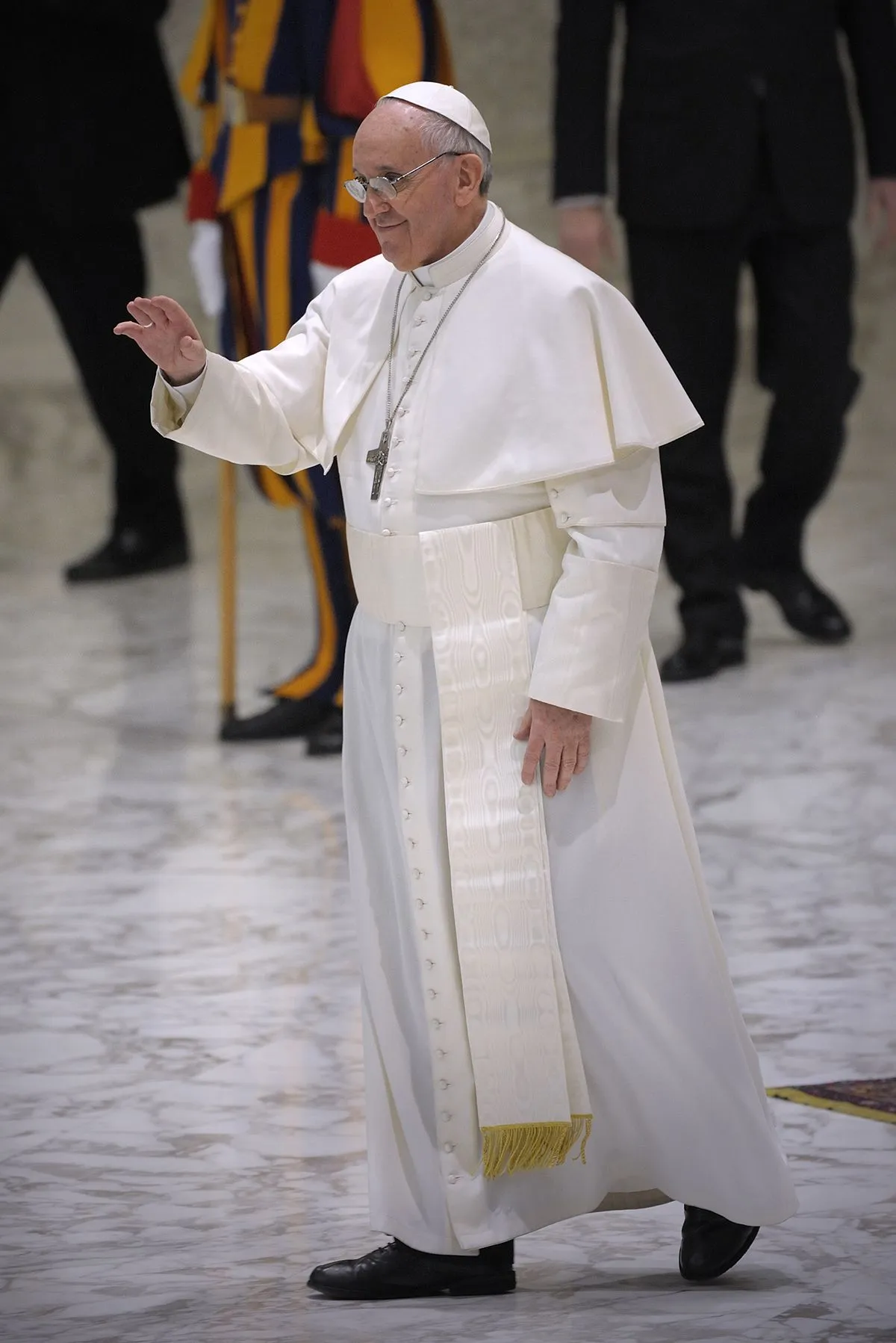 Pope Francis speaks during a private audience to members of the media