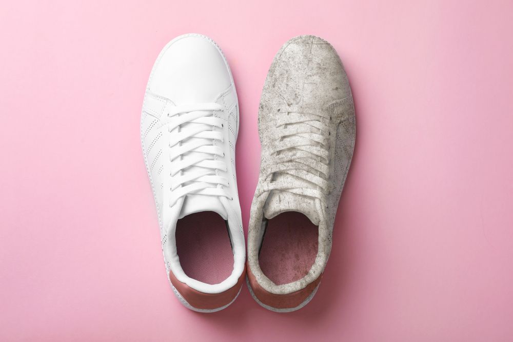 Pair,Of,Trendy,Shoes,Before,And,After,Cleaning,On,Pink