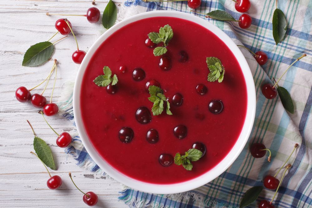 Cherry,Cream,Soup,With,Mint,In,A,Bowl,On,A