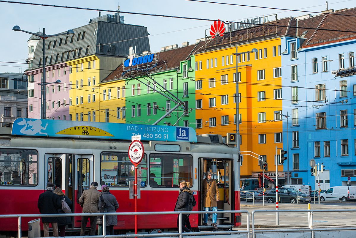 Trams on Wiedner Gurtel near Hauptbahnhof, Vienna, Austria