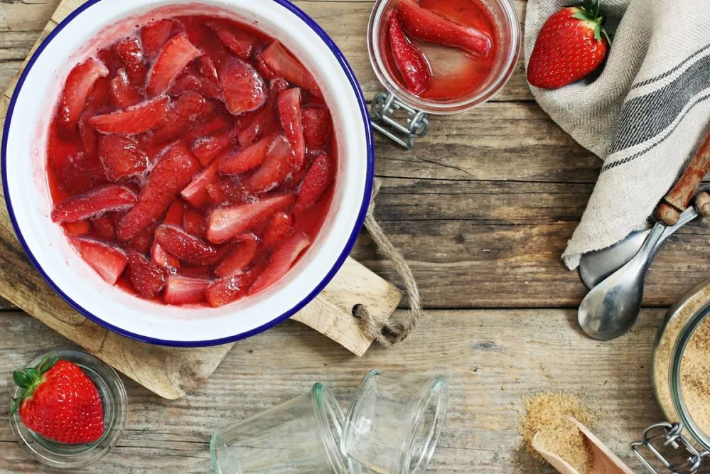 Strawberry,Jam.,Homemade,Marmalade,On,A,Rustic,Wooden,Table.,Top