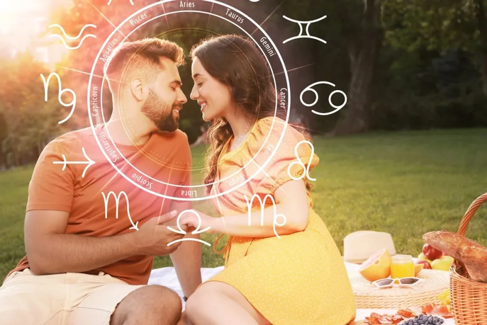 Horoscope,Compatibility.,Loving,Couple,Outdoors,And,Zodiac,Wheel
