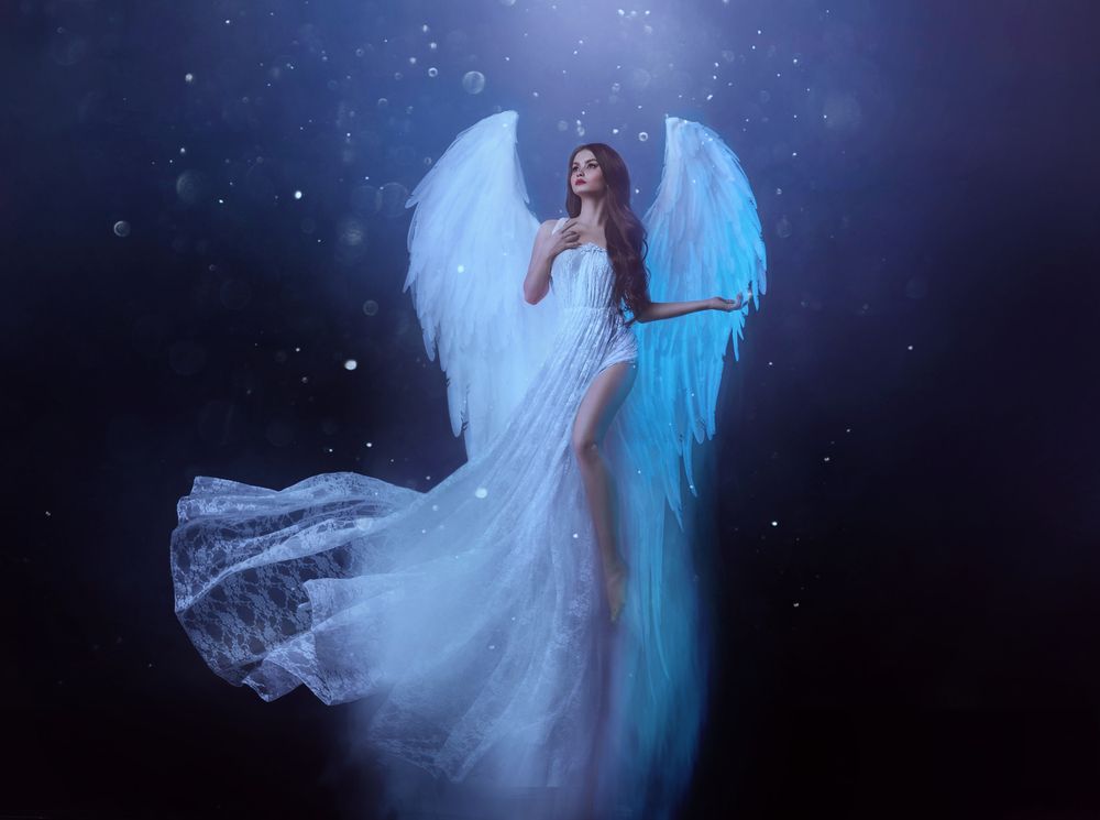 Fantasy,Woman,Angel,Soars,In,The,Air,With,White,Huge