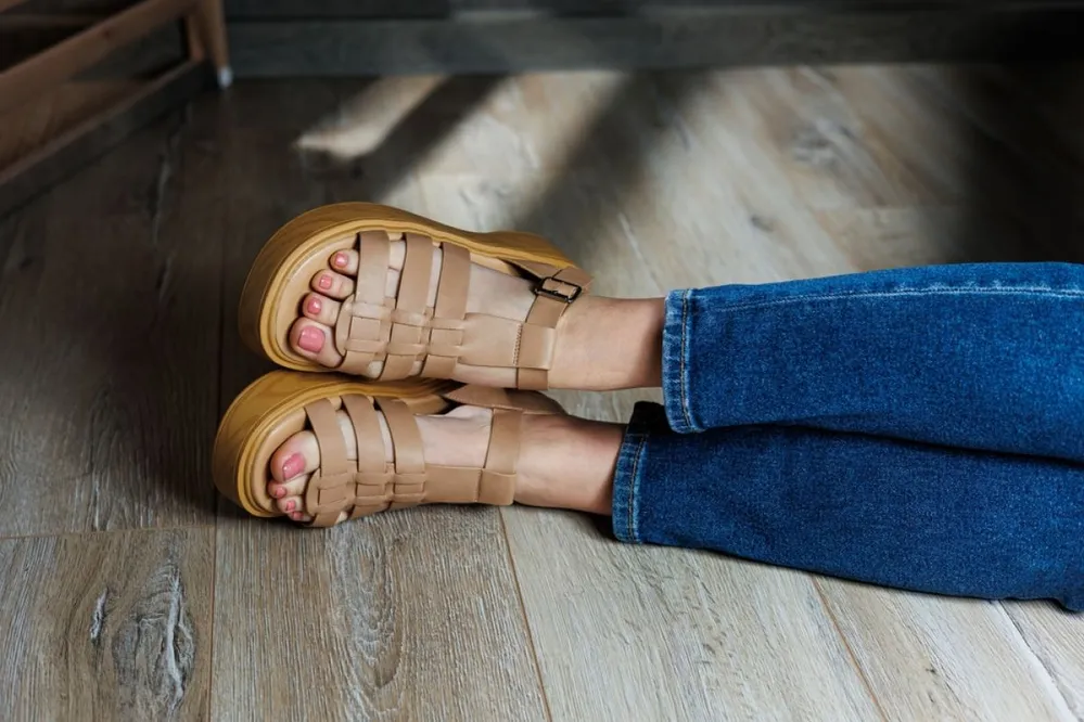 Women's,Sandals.,Female,Feet,Close-up,In,Casual,Brown,Sandals.,Collection